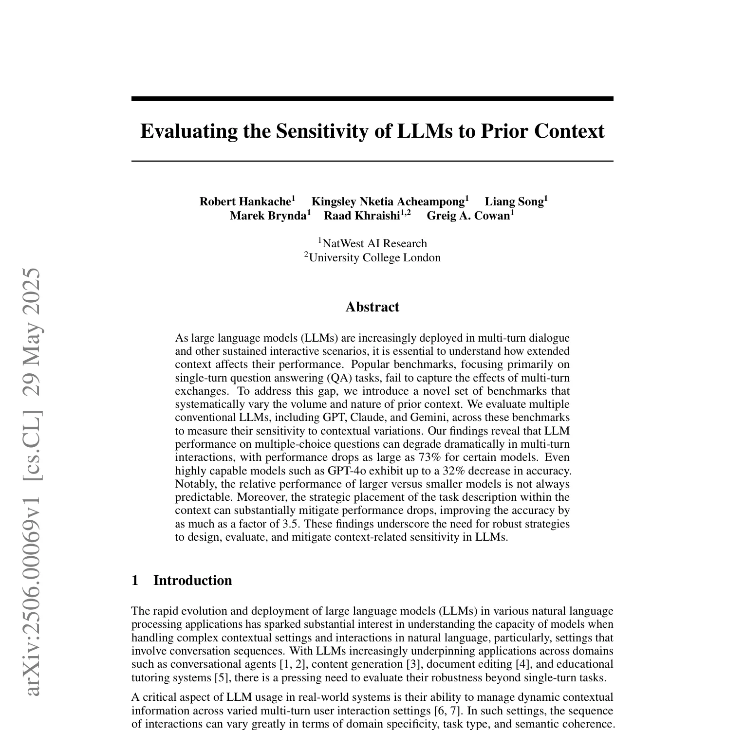 First-page screenshot of Evaluating the Sensitivity of LLMs to Prior Context, showing its title, authors, and abstract.