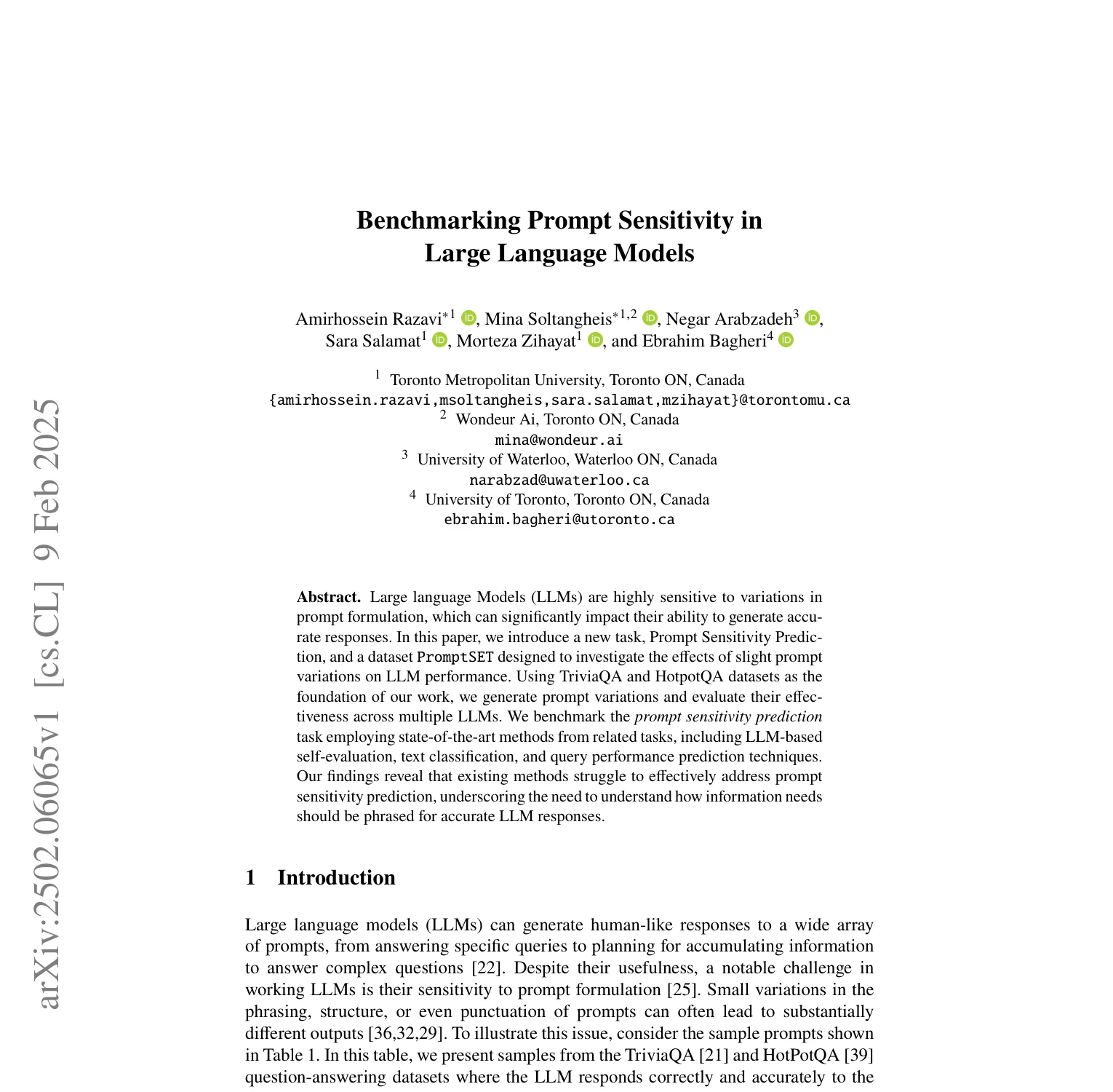 First-page screenshot of Benchmarking Prompt Sensitivity in Large Language Models, showing its title, authors, and PromptSET abstract.