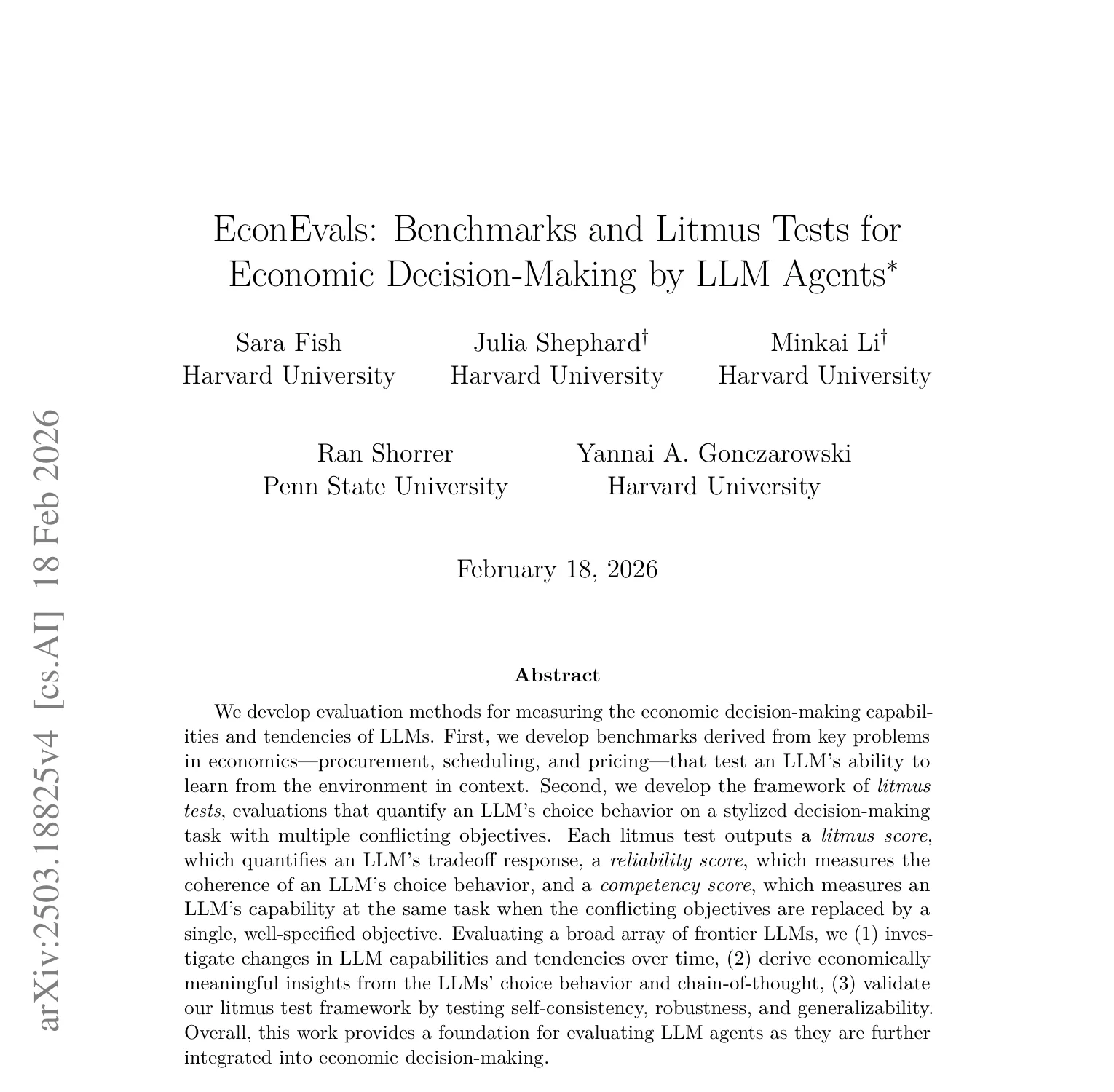 First-page screenshot of EconEvals: Benchmarks and Litmus Tests for Economic Decision-Making by LLM Agents, with the title and abstract.