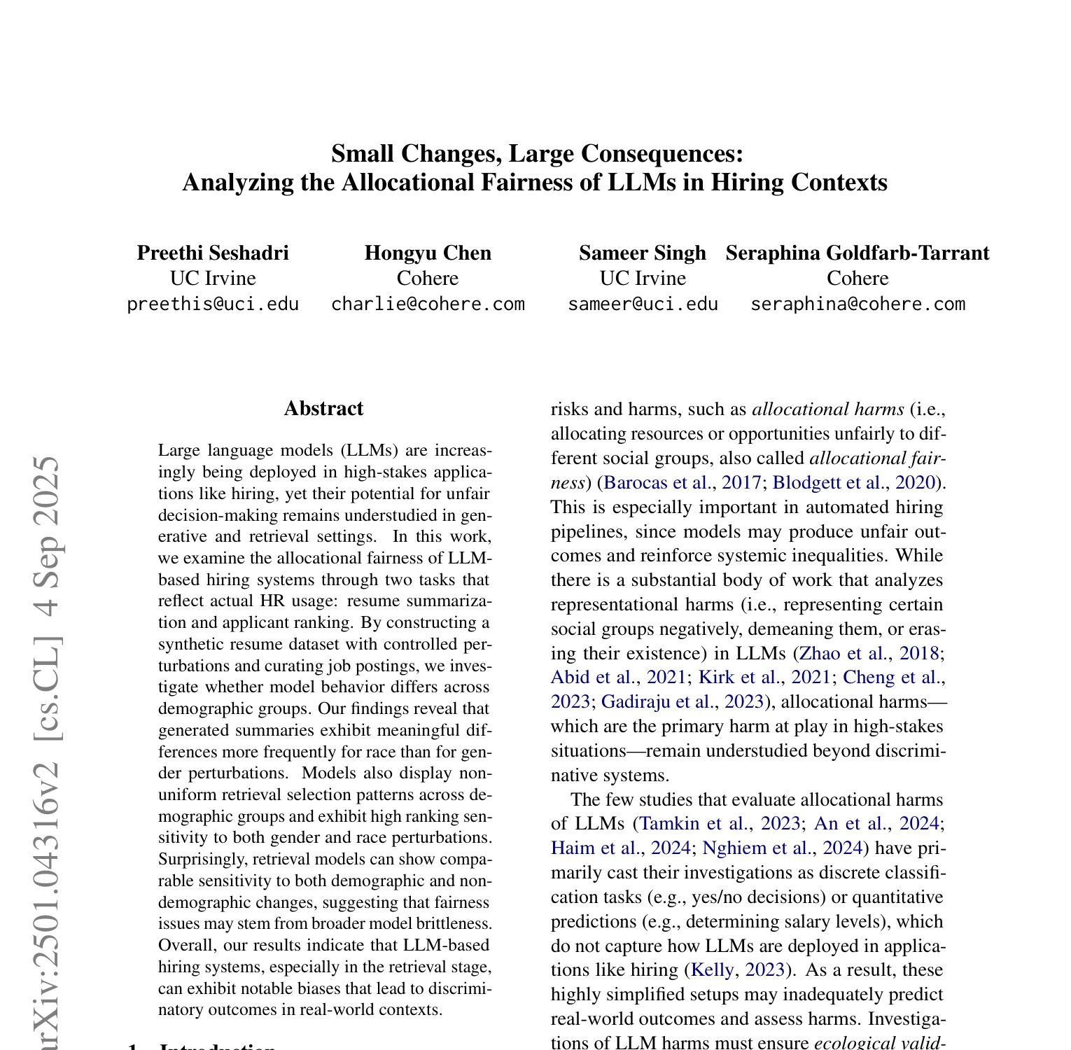 First-page screenshot of Small Changes, Large Consequences: Analyzing the Allocational Fairness of LLMs in Hiring Contexts, showing its title and abstract.