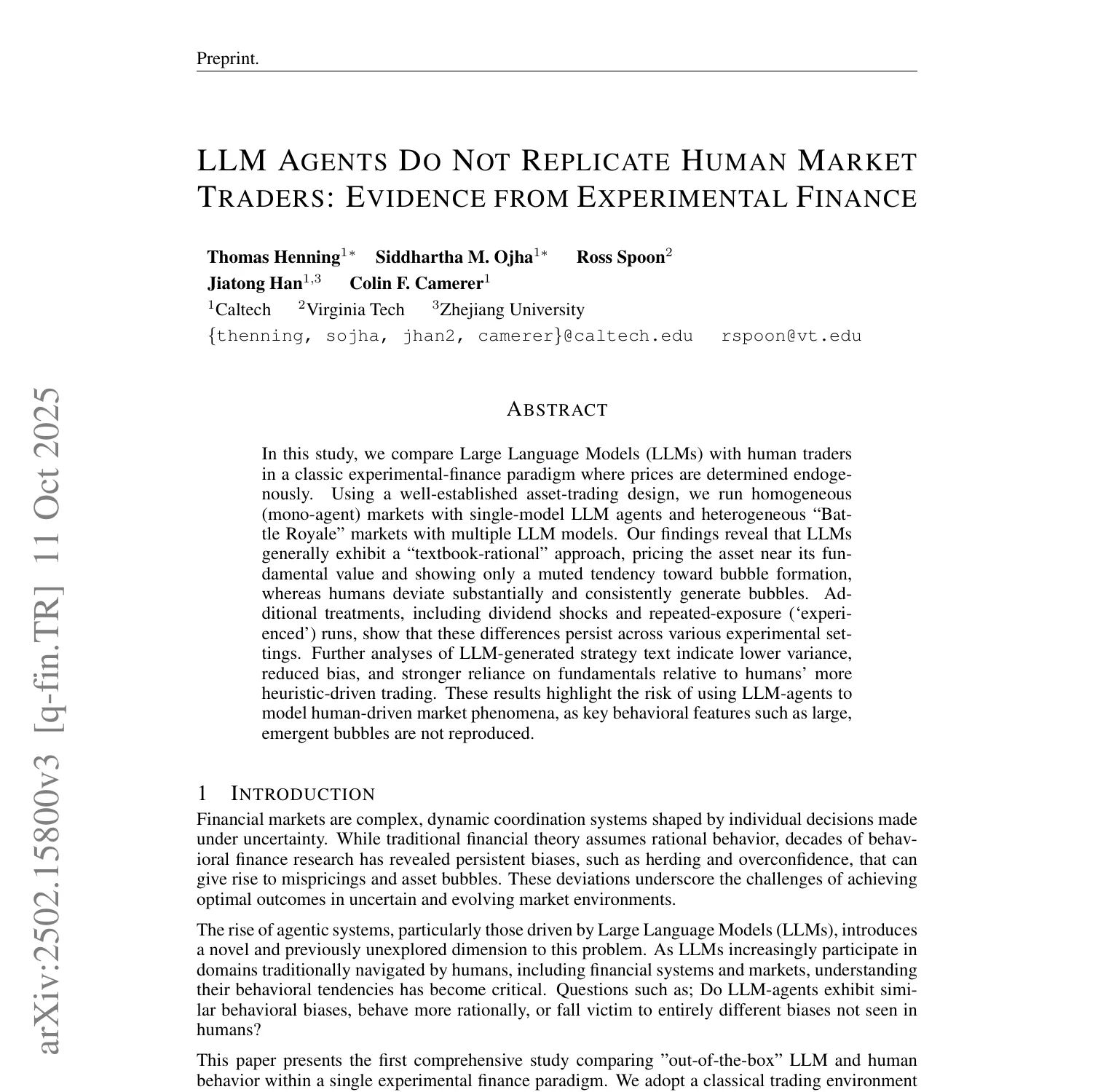 First-page screenshot of LLM Agents Do Not Replicate Human Market Traders: Evidence From Experimental Finance, showing its title and abstract.