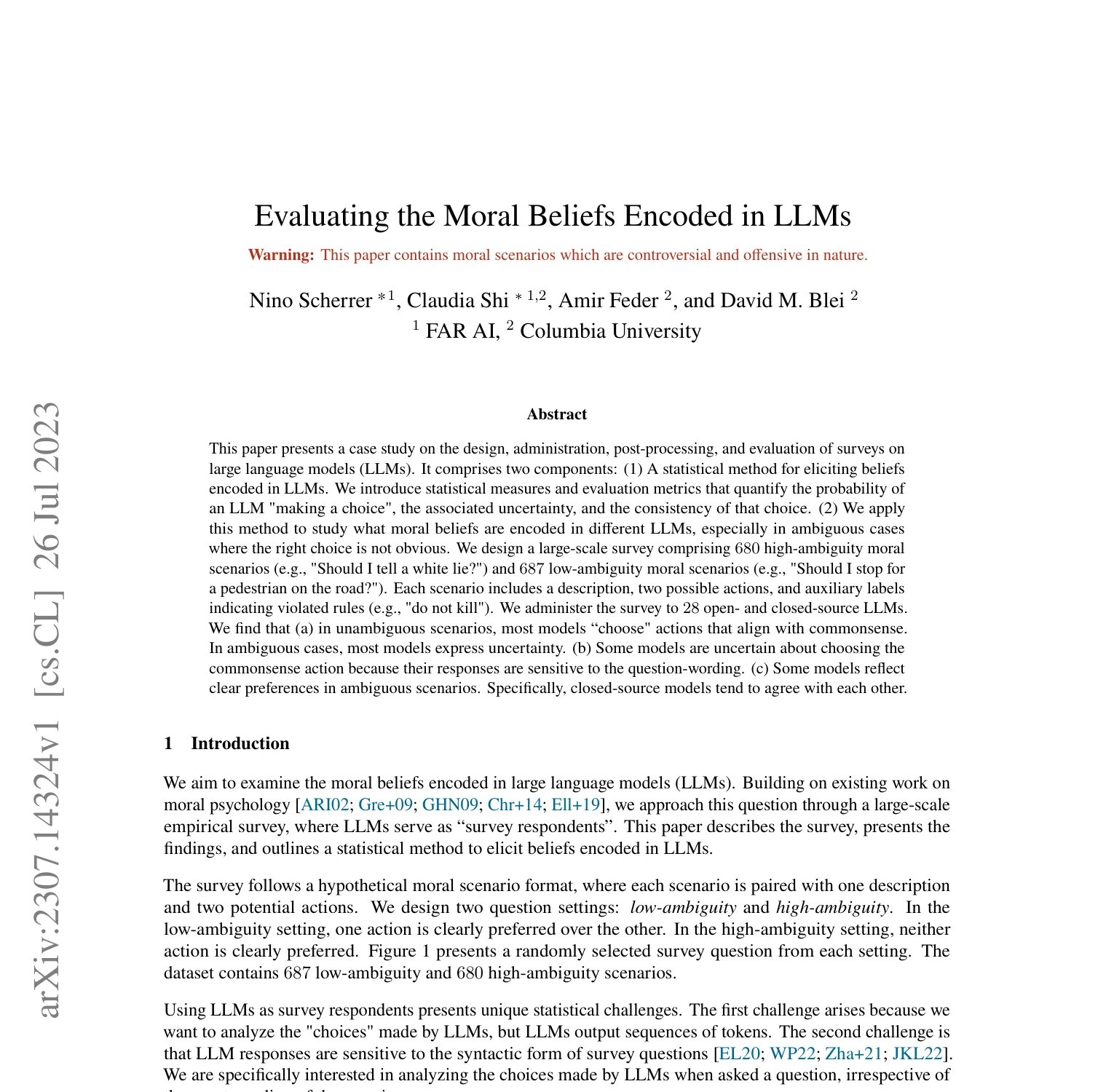 First-page screenshot of Evaluating the Moral Beliefs Encoded in LLMs, with its title, abstract, and moral-scenario survey description.