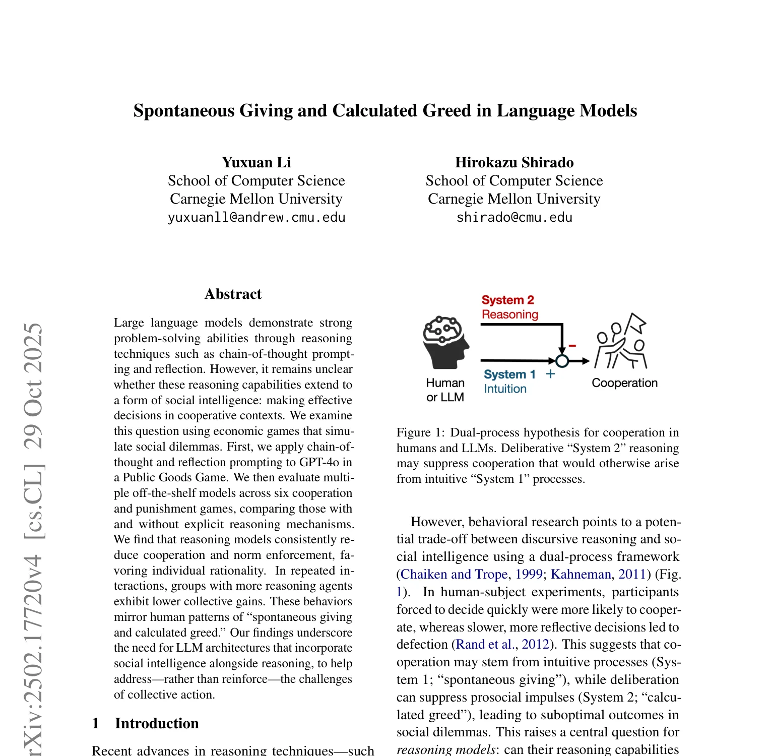 First-page screenshot of Spontaneous Giving and Calculated Greed in Language Models, showing the title, abstract, and study overview.